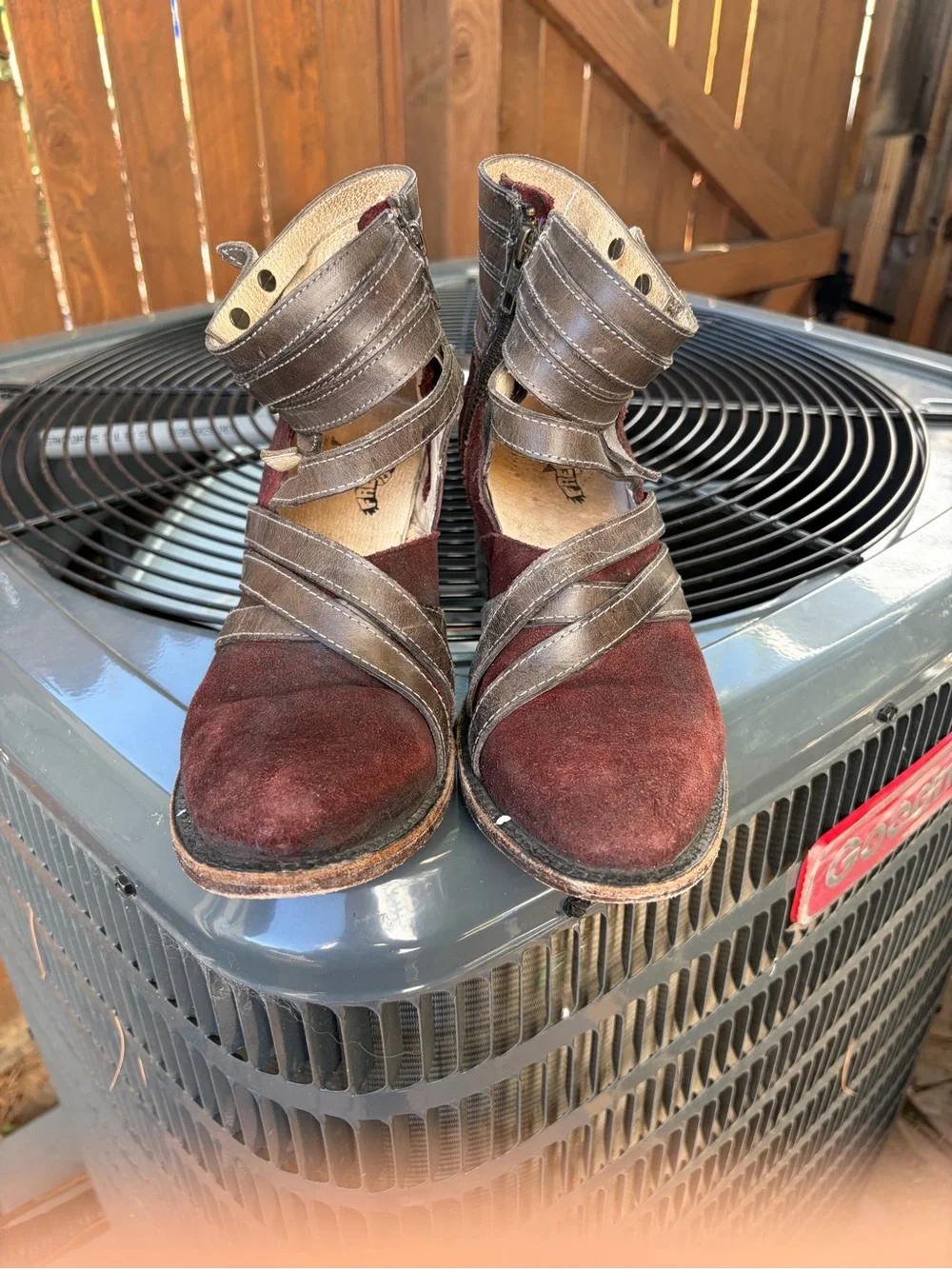 freebird Burgundy Suede Strappy Ankle Booties with Distressed Heel